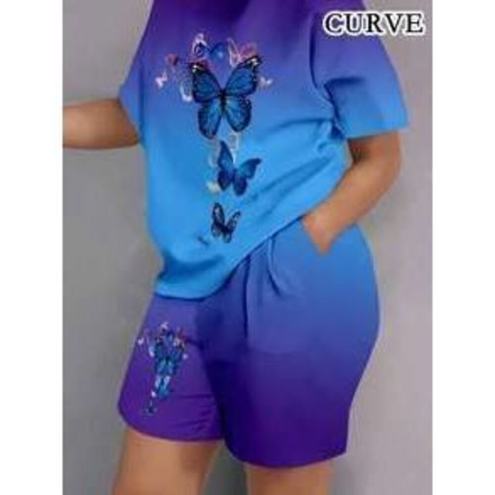 Plus Size Women 2pcs Set Printed Short Sleeve T-Shirt And Shorts Elegant Summer